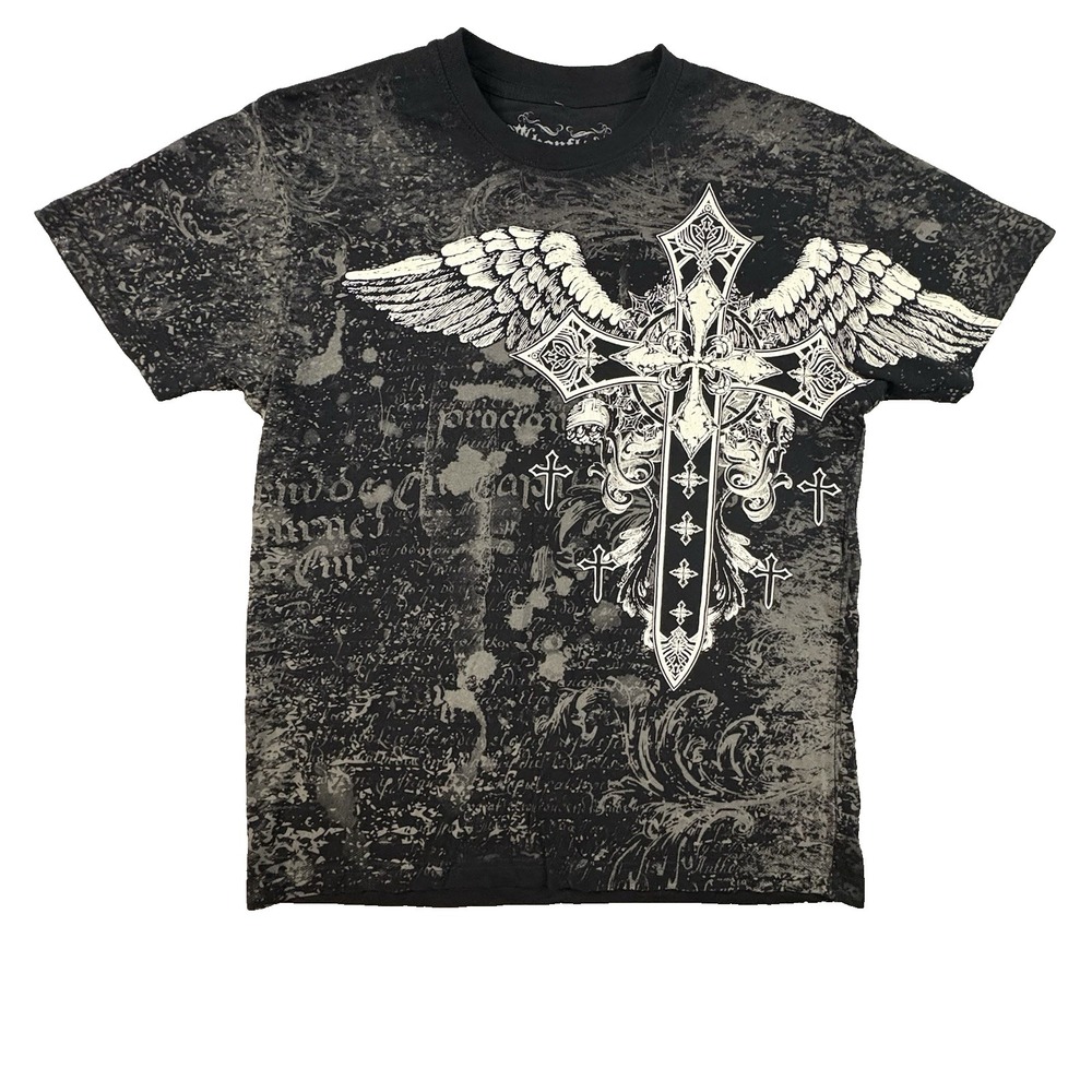 Konflic Men's M Black Cross Wings AOP Grunge Y2K MMA Biker Streetwear T SEE DESC
